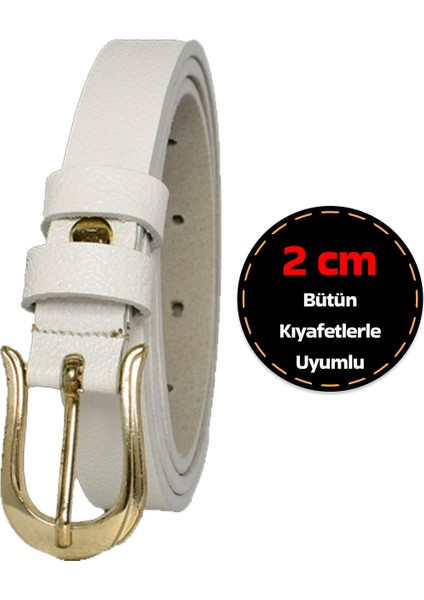 Deri, Gold Renk Tokalı Ince 2 cm Süt Beyaz Kadın Kemeri; Elbise, Pantolon Kemeri_atnlı