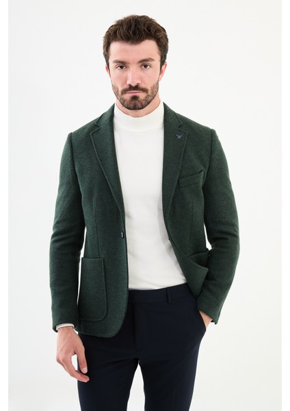 Düz Haki Slim Fit Torba Cep Mono Yaka Yün Erkek Ceket