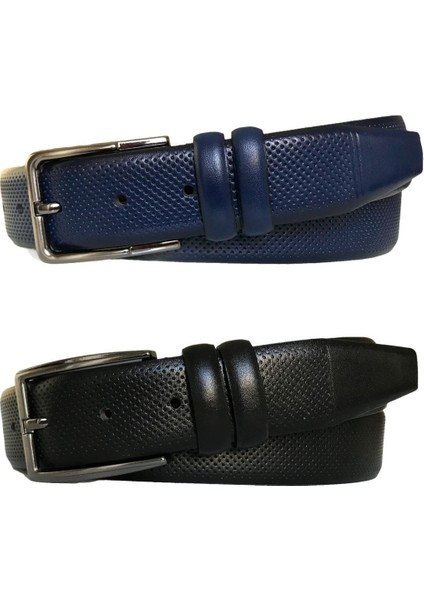 Hakiki Deri 2'li Set Desenli Klasik Kumaş Pantolon Kemeri 3.5 cm Siyah, LACIVERT=2LI.115-117