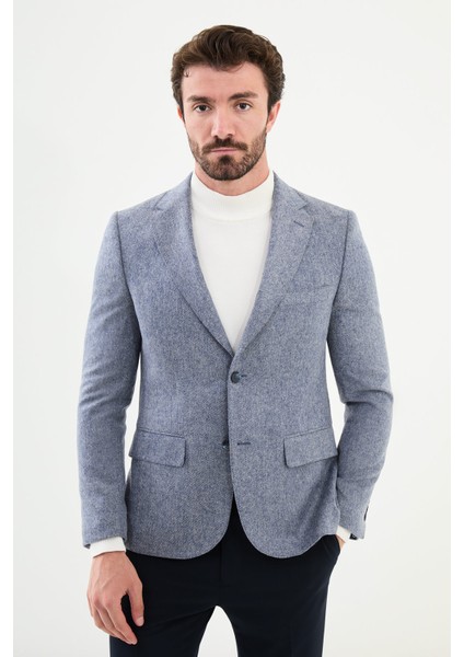 Çizgili İndigo Slim Fit Mono Yaka Klasik Yün Erkek Ceket