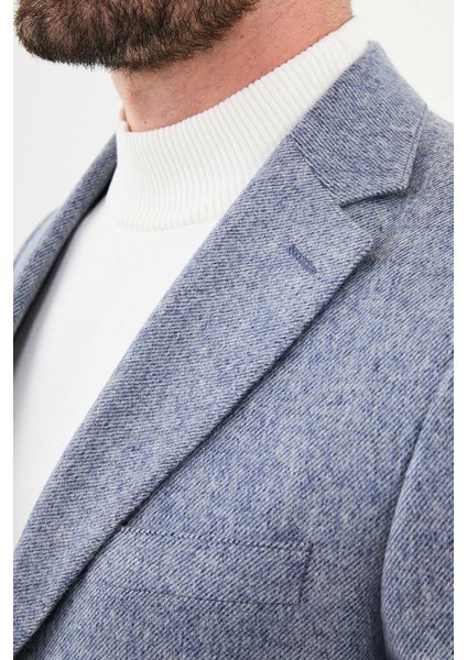 Çizgili İndigo Slim Fit Mono Yaka Klasik Yün Erkek Ceket fiyatları