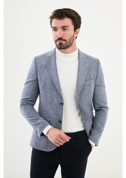 Çizgili İndigo Slim Fit Mono Yaka Klasik Yün Erkek Ceket modelleri