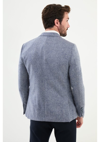 Çizgili İndigo Slim Fit Mono Yaka Klasik Yün Erkek Ceket fırsatları