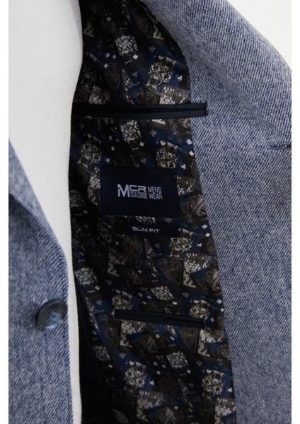 Çizgili İndigo Slim Fit Mono Yaka Klasik Yün Erkek Ceket indirimleri