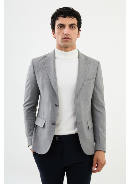 Çizgili Gri Slim Fit Mono Yaka Klasik Yün Erkek Ceket