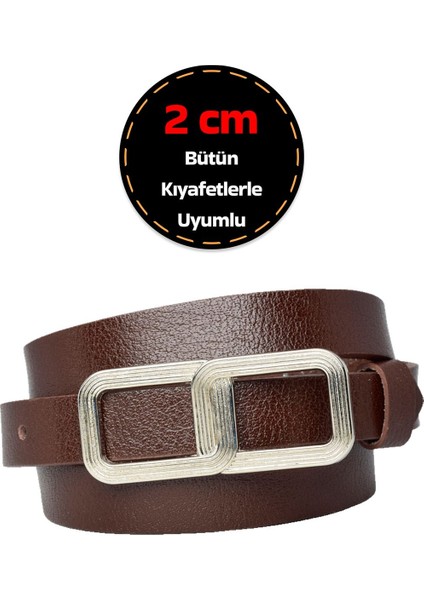 Deri, Gümüş Tokalı Ince 2 cm Koyu Kahverengi Kadın Kemeri; Elbise, Pantolon Kemeri_gözl