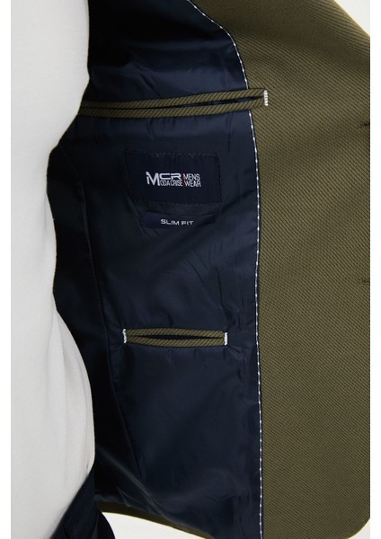 Desenli Haki Slim Fit Torba Cep Mono Yaka Erkek Ceket