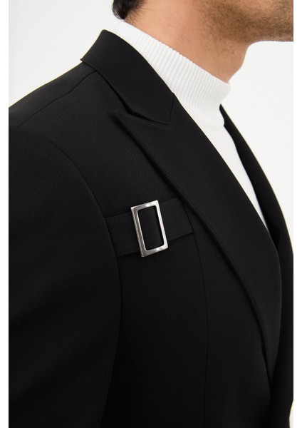Düz Siyah Slim Fit Geniş Yaka Kemer Detaylı Kruvaze Erkek Ceket fiyatları