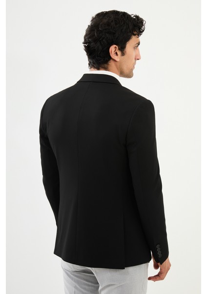 Düz Siyah Slim Fit Geniş Yaka Kemer Detaylı Kruvaze Erkek Ceket fırsatları