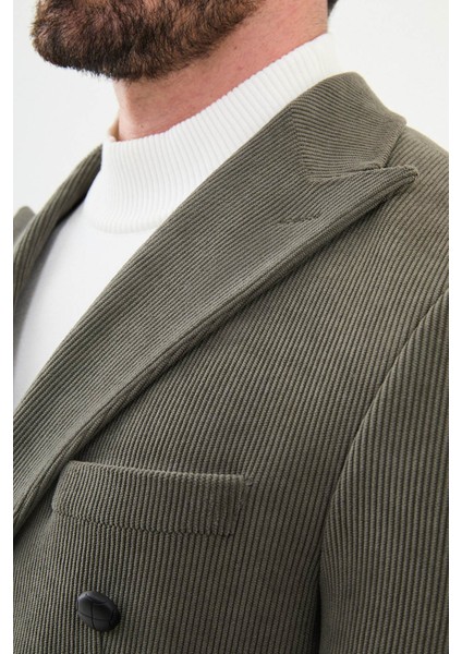 Çizgili Haki Slim Fit Geniş Yaka Kruvaze Kadife Erkek Ceket fiyatları