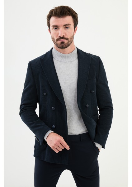 Çizgili Lacivert Slim Fit Geniş Yaka Kruvaze Kadife Erkek Ceket