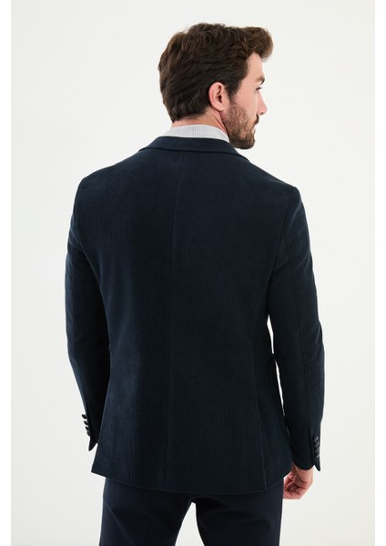 Çizgili Lacivert Slim Fit Geniş Yaka Kruvaze Kadife Erkek Ceket