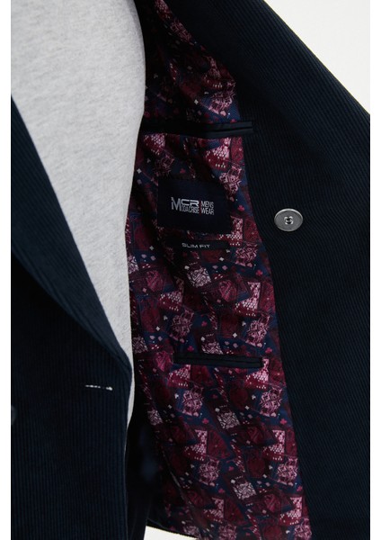 Çizgili Lacivert Slim Fit Geniş Yaka Kruvaze Kadife Erkek Ceket
