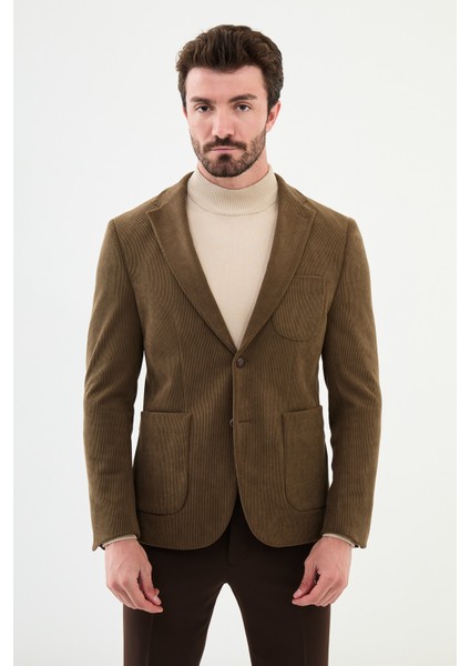 Çizgili Kamel Rengi Slim Fit Torba Cep Mono Yaka Kadife Erkek Ceket