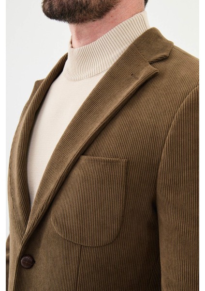 Çizgili Kamel Rengi Slim Fit Torba Cep Mono Yaka Kadife Erkek Ceket fiyatları