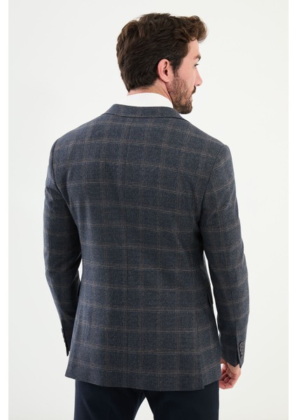 Ekoseli Lacivert Slim Fit Mono Yaka Klasik Erkek Ceket fırsatları