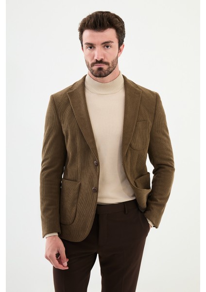 Çizgili Kamel Rengi Slim Fit Torba Cep Mono Yaka Kadife Erkek Ceket modelleri