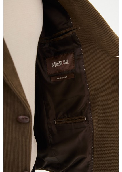 Çizgili Kamel Rengi Slim Fit Torba Cep Mono Yaka Kadife Erkek Ceket indirimleri