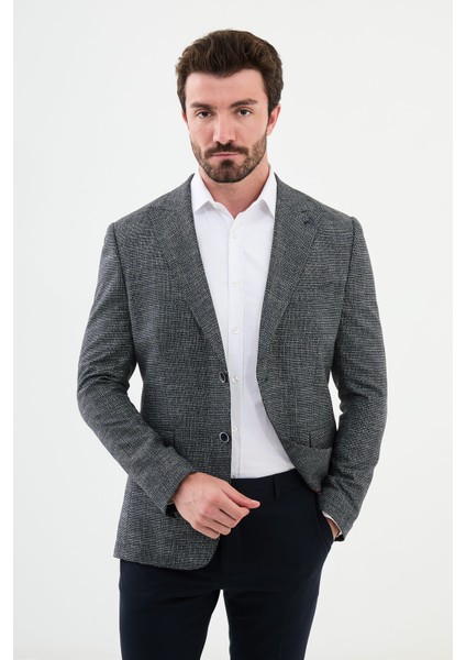 Desenli Lacivert Slim Fit Mono Yaka Klasik Yün Erkek Ceket