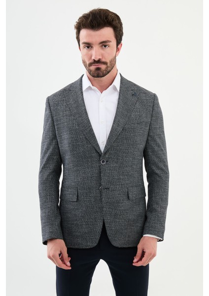 Desenli Lacivert Slim Fit Mono Yaka Klasik Yün Erkek Ceket modelleri