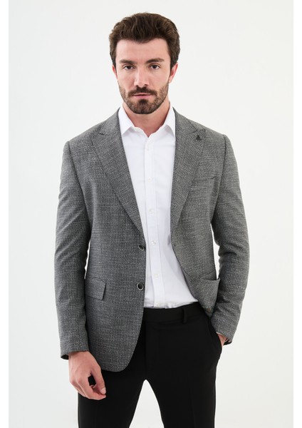 Desenli Antrasit Slim Fit Mono Yaka Klasik Yün Erkek Ceket