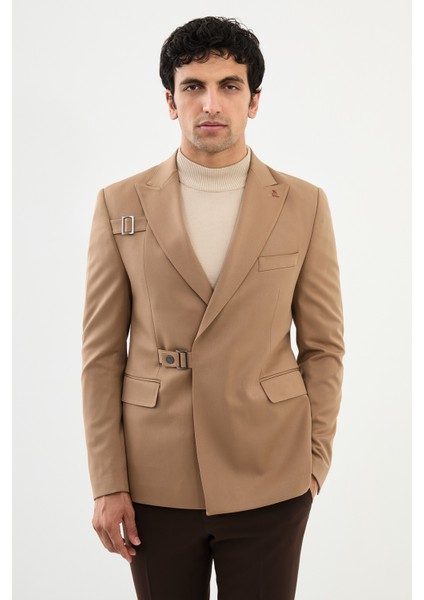 Düz Bej Slim Fit Geniş Yaka Kemer Detaylı Kruvaze Erkek Ceket