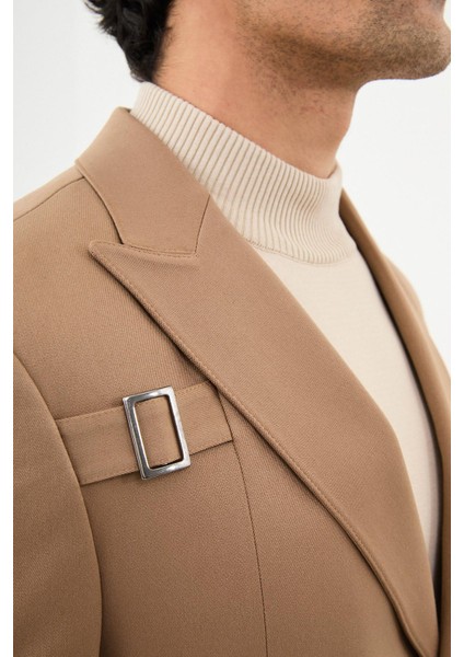 Düz Bej Slim Fit Geniş Yaka Kemer Detaylı Kruvaze Erkek Ceket fiyatları