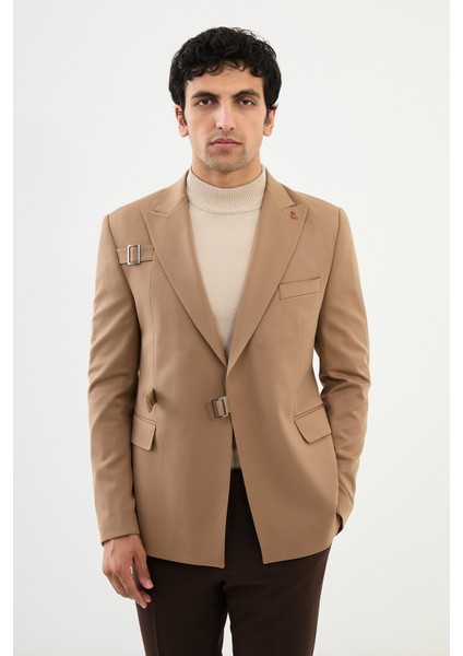 Düz Bej Slim Fit Geniş Yaka Kemer Detaylı Kruvaze Erkek Ceket modelleri
