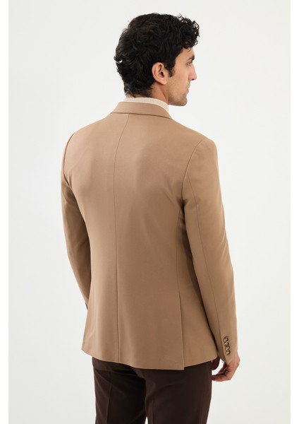 Düz Bej Slim Fit Geniş Yaka Kemer Detaylı Kruvaze Erkek Ceket fırsatları