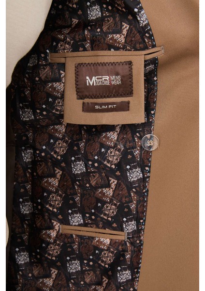 Düz Bej Slim Fit Geniş Yaka Kemer Detaylı Kruvaze Erkek Ceket indirimleri