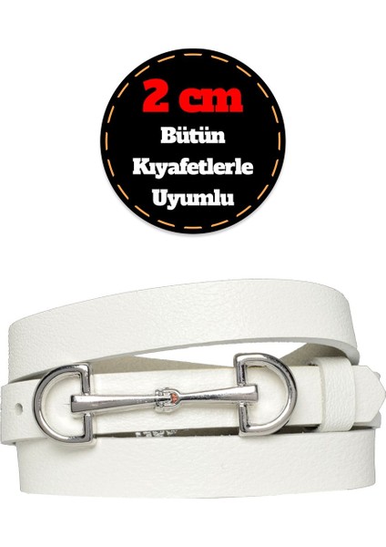 Deri, Gümüş Tokalı Ince 2 cm Süt Beyaz Kadın Kemeri; Elbise Kemeri, Pantolon Kemerid&d