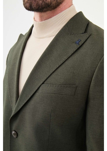 Düz Haki Slim Fit Torba Cep Geniş Yaka Punto Dikiş Erkek Ceket
