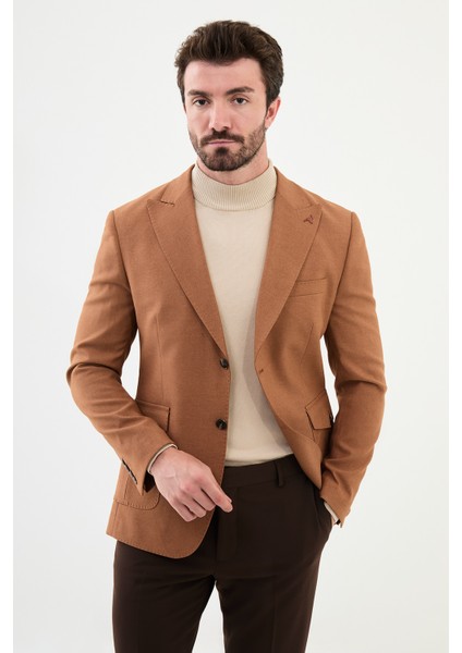 Düz Kamel Rengi Slim Fit Torba Cep Geniş Yaka Punto Dikiş Erkek Ceket modelleri
