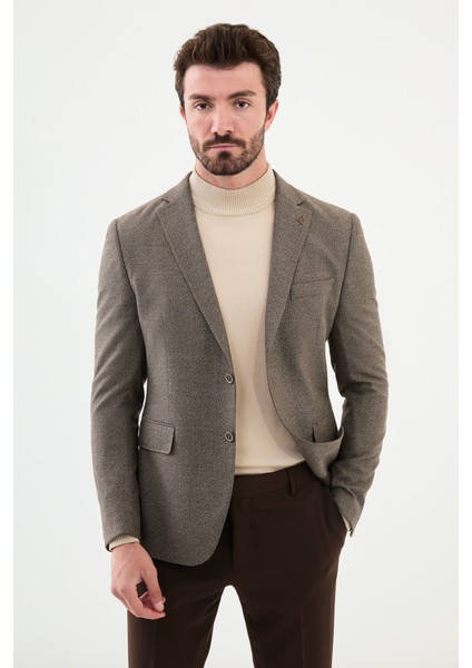 Desenli Kahverengi Slim Fit Mono Yaka Yün Erkek Ceket