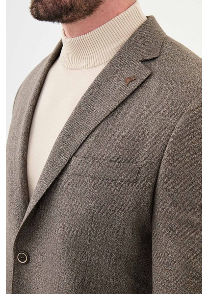 Desenli Kahverengi Slim Fit Mono Yaka Yün Erkek Ceket