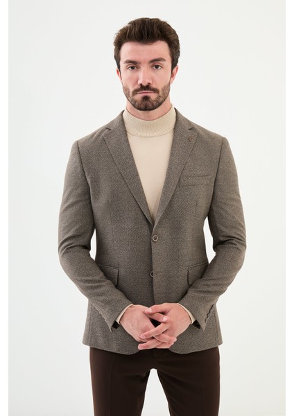 Desenli Kahverengi Slim Fit Mono Yaka Yün Erkek Ceket