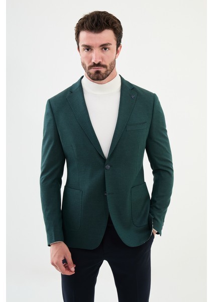 Düz Zümrüt Rengi Slim Fit Torba Cep Mono Yaka Punto Dikiş Erkek Ceket
