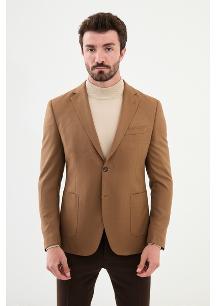 Düz Kamel Rengi Slim Fit Torba Cep Mono Yaka Punto Dikiş Erkek Ceket