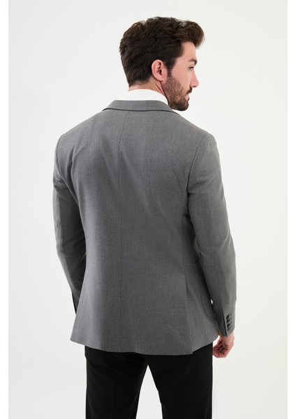 Düz Gri Slim Fit Torba Cep Mono Yaka Punto Dikiş Erkek Ceket