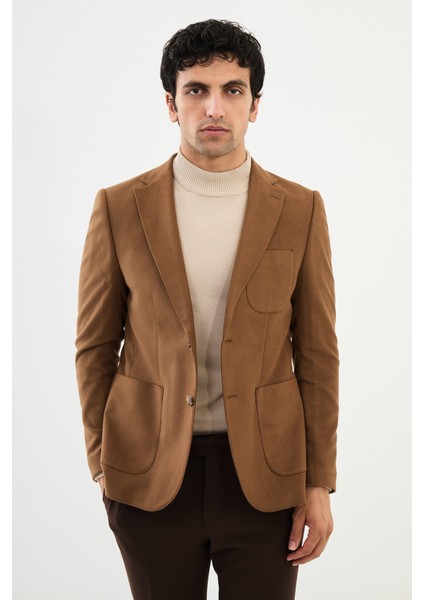 Çizgili Kamel Slim Fit Torba Cep Mono Yaka Yün Erkek Ceket