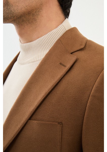 Çizgili Kamel Slim Fit Torba Cep Mono Yaka Yün Erkek Ceket