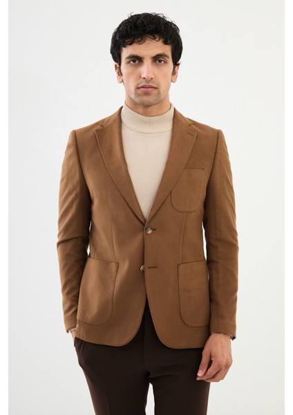 Çizgili Kamel Slim Fit Torba Cep Mono Yaka Yün Erkek Ceket