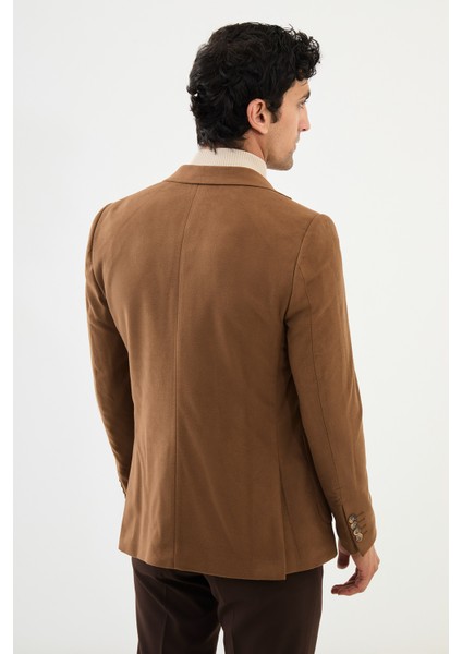Çizgili Kamel Slim Fit Torba Cep Mono Yaka Yün Erkek Ceket