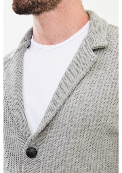 Desenli Açık Gri Slim Fit Yün Erkek Triko Ceket