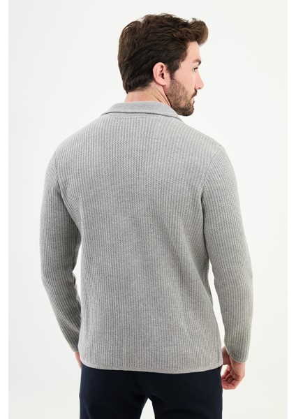 Desenli Açık Gri Slim Fit Yün Erkek Triko Ceket