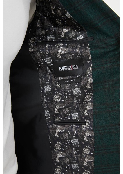 Ekoseli Zümrüt Rengi Slim Fit Mono Yaka Klasik Yün Erkek Ceket fırsatları