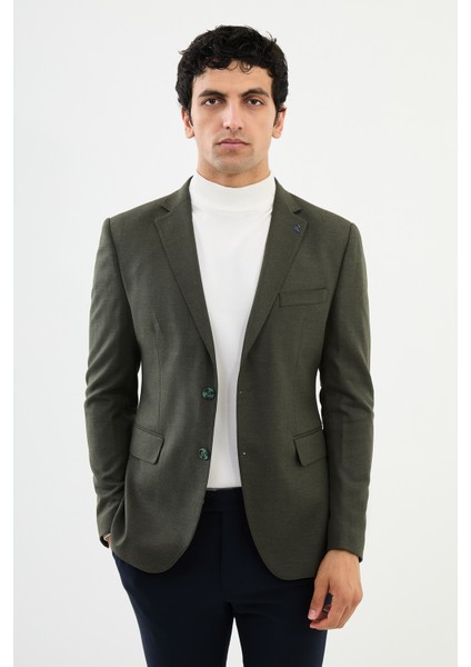 Düz Haki Slim Fit Mono Yaka Klasik Erkek Ceket