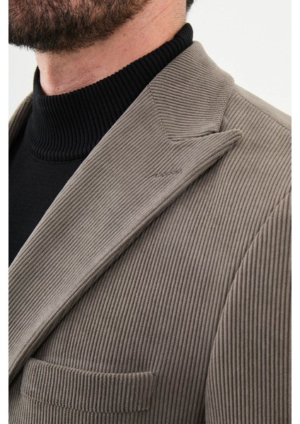 Çizgili Vizon Rengi Slim Fit Geniş Yaka Kruvaze Kadife Erkek Ceket fiyatları