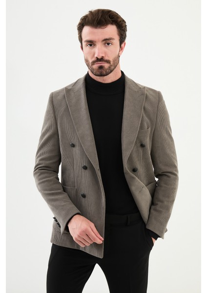 Çizgili Vizon Rengi Slim Fit Geniş Yaka Kruvaze Kadife Erkek Ceket modelleri