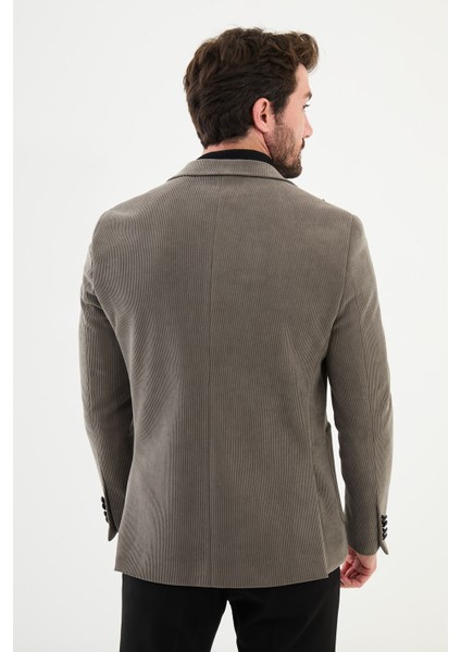 Çizgili Vizon Rengi Slim Fit Geniş Yaka Kruvaze Kadife Erkek Ceket indirimleri